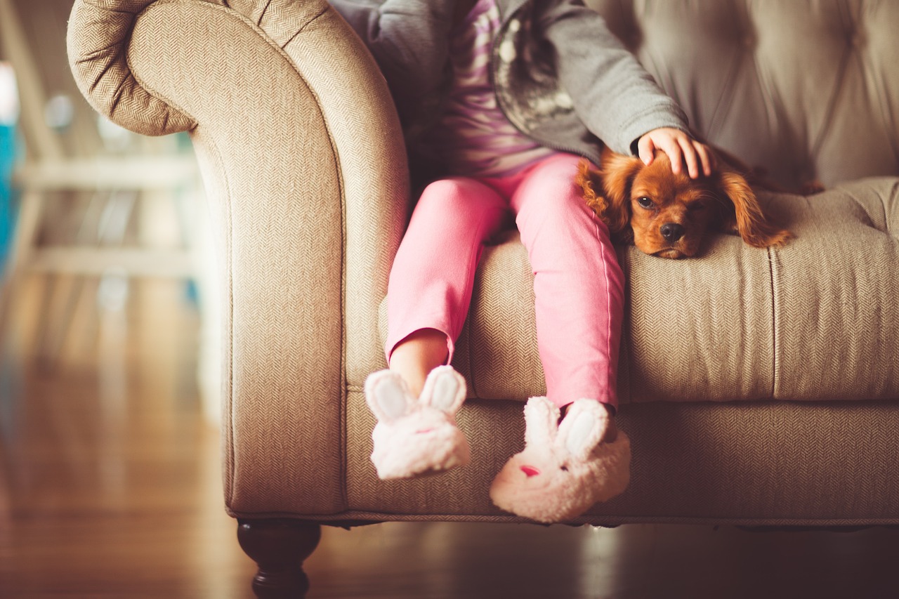 menina com cachorrinho no sofá